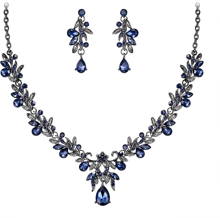 BriLove Women's Wedding Jewelery Set Leaf Flower Crystal Teardrop Marquise Cluster Pendant Necklace Dangle Earrings for Bridal Party