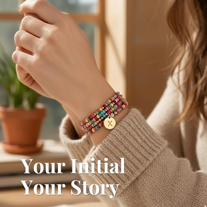 Set of 4 Colorful Bead Initial Bracelets, Personalized Stackable Jewelry, Adjustable Stretchy Charm Bracelets for Women, Beaded Bracelet Set, Trendy Custom Jewelry Gift