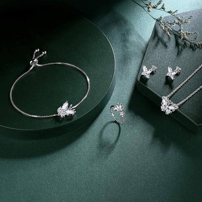 925 Sterling Silver Birthstone Butterfly Jewelry Women Crystal Animal Cute Butterflies Birthday Necklace/Earring/Ring/Bracelet Sets Birth Stone Statement Anniversary Jewellery