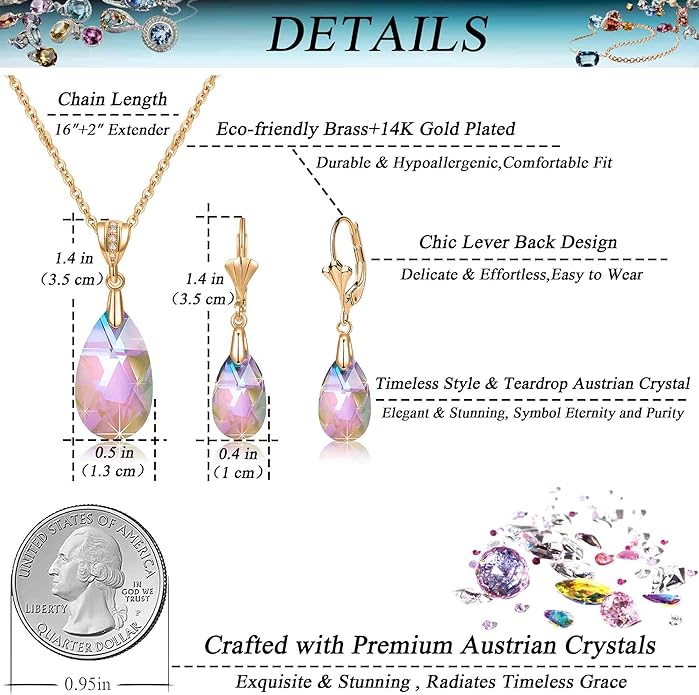 EVEVIC Austrian Crystals Teardrop Pendant Necklace Earrings for Women 14K Gold Plated Hypoallergenic Leverback Drop Dangle Earrings Jewelry Set