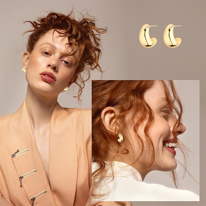 Wgoud Chunky Hoop Earrings Set 14K Gold Plated Hoop Earrings for Women Hypoallergenic, Thick Twisted Huggie Hoops Earring Set