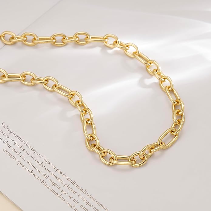 Gold Necklace for Women - Chunky 14K Gold Plated Chain Necklace Cuban Link Paperclip Chain Herringbone Statement Choker Necklace for Women Simple Trendy Jewelry Gifts