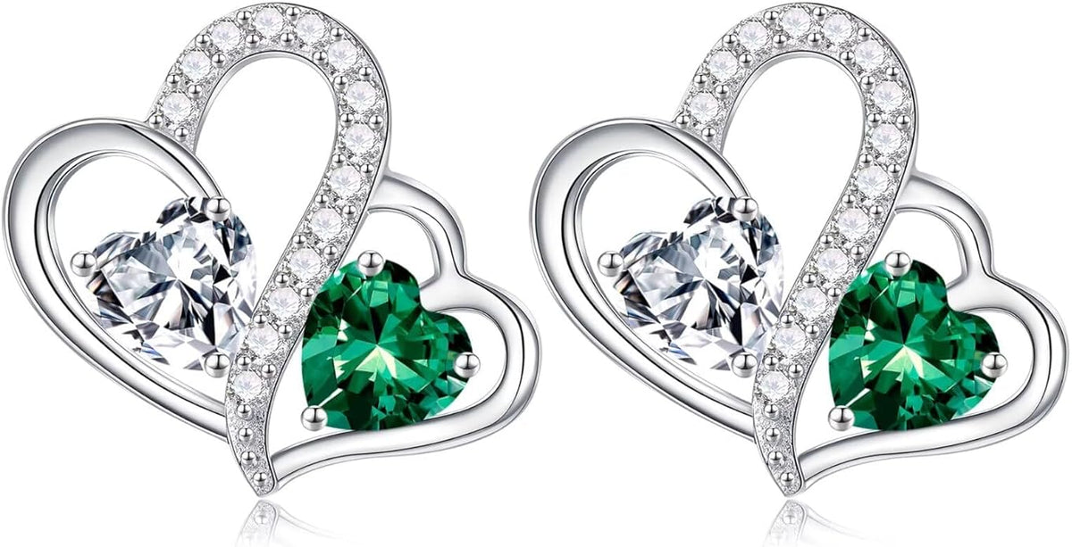 Iefil Valentines Day Gifts for Her - Birthstone Earrings Gift for Women, 925 Sterling Silver Double Heart Birthstone Earrings | Anniversary Birthday Gifts for Women, Personalized Jewelry for Wife Mom
