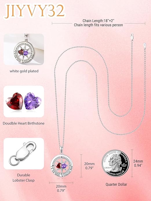 Compass Necklace for Women, Exquisite S925 Valentines Day Anniversary Birthday Gifts for Wife Her Double Birthstone Pendant Jewelry ‘I'd be Lost Without You’