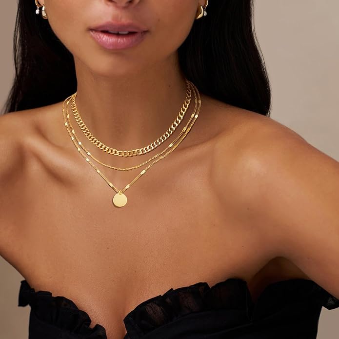 Evabelle Gold Layered Necklace for Women Trendy Jewelry 14K Real Gold Plated Chunky Chain Stackable Necklaces Dainty Choker Necklaces Rectangle Square Pendant
