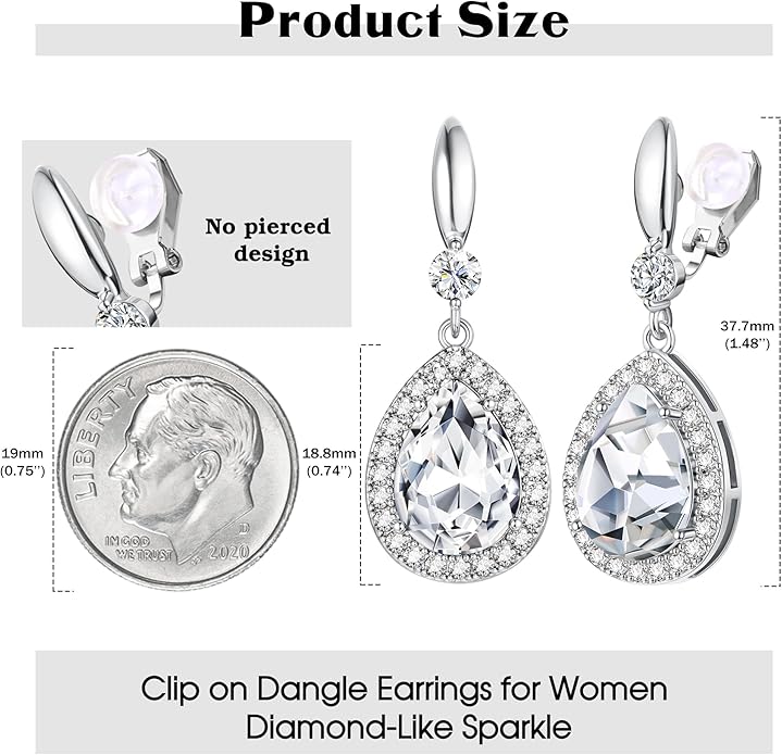 THUNARAZ Elegant Clip on Earrings for Women Sparkling Teardrop Dangle Clip Earrings Non-Pierced Rhinestone Cubic Zirconia Wedding Prom Jewelry 14K Gold and Silver Tone