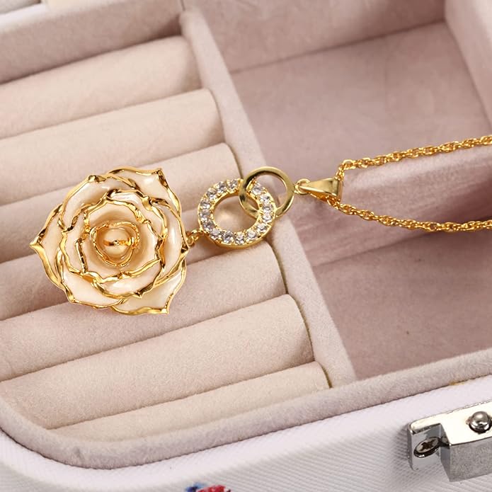 AliveRose Real Rose Gold Dipped Necklace Gifts for Women, 24K Gold Dipped Rose Pendant Necklace Jewelry Mothers Day Anniversaries Birthday Christmas Special Occasions Gifts for Her Mom Wife