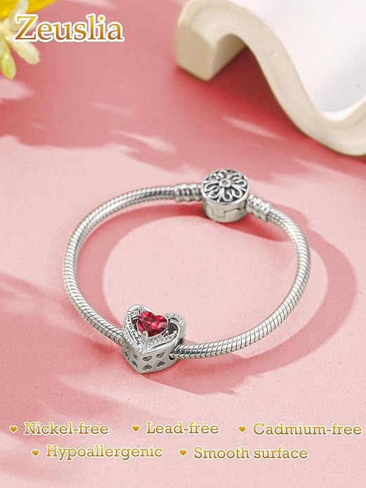 Heart Birthstone Charms for Bracelets, 925 Sterling Silver Women Bead Charms for Charm Bracelets Necklace, Mother's Day Birthday Anniversary Jewelry Gifts for Wife Mom Grandma Daughter
