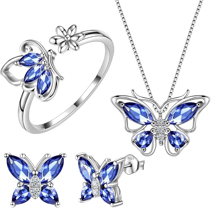 Aurora Tears Butterfly Jewelry,Women 925 Sterling Silver Butterflies Birthstone Pendant Necklace/Earrings/Rings Wedding Gift