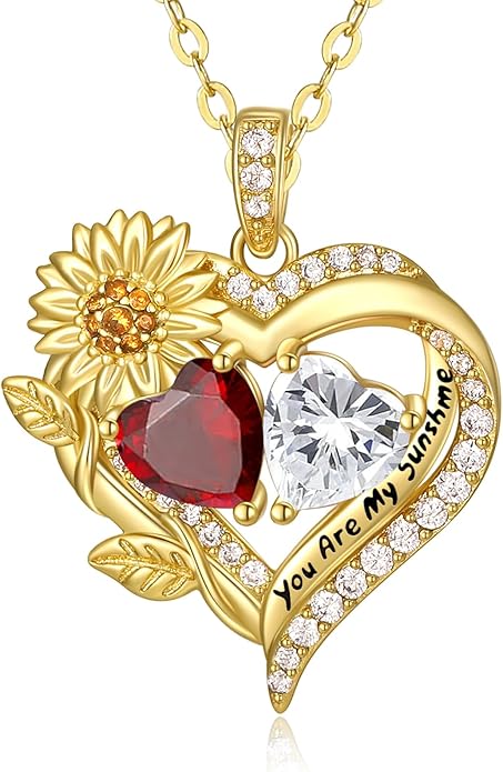 Sunflower Heart Necklace for Women 14K Gold Exquisite Valentines Day Anniversary Birthday Gifts for Wife Mother Her Double Birthstone Pendant Jewelry‘You Are My Sunshine’