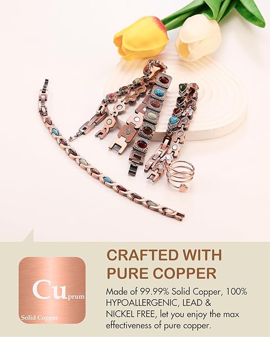 Feraco Pure Copper Bracelets & Rings for Women, Ultra Strength Magnetic Bracelet with 3800 Gauss Magnets & Natural Turquoise & Stones, Adjustable, Jewelry Gift
