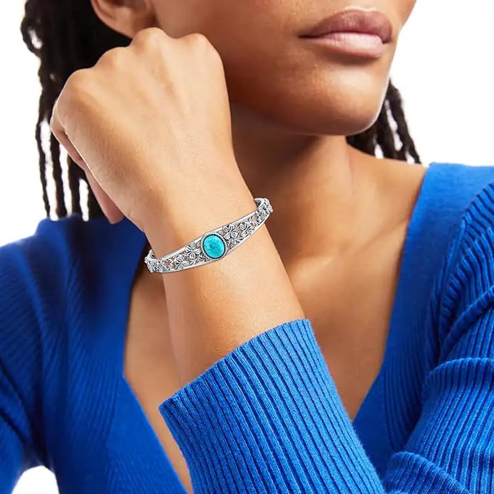 Genuine Turquoise Cuff Bracelet for Women, Sterling Silver Western Vintage Floral Bangle Native American Jewelry, For 6.5-7.5 Inch Wrists