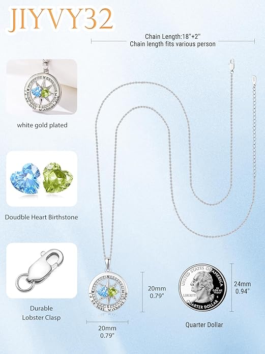 Compass Necklace for Women, Exquisite S925 Valentines Day Anniversary Birthday Gifts for Wife Her Double Birthstone Pendant Jewelry ‘I'd be Lost Without You’