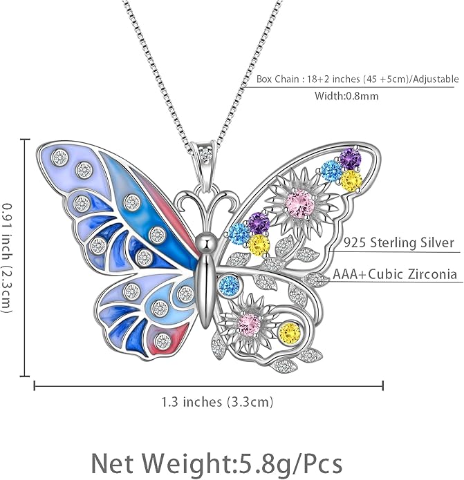 Aurora Tears 925 Sterling Silver Butterfly Flower Pendant Necklace - Colorful Enamel Zircon Adjustable Chain Jewelry Gift for Women Her