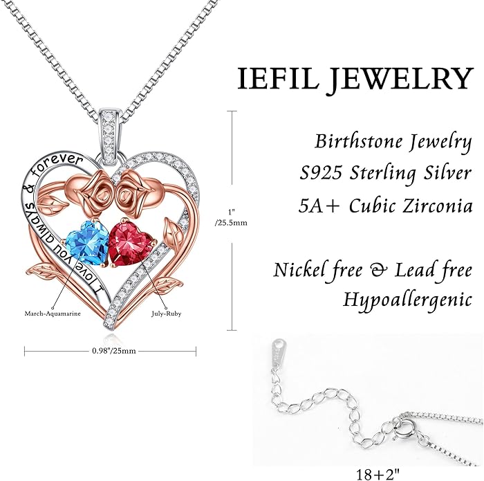 Iefil Valentines Gifts for Her Wife Women - Rose Heart Double Birthstone Necklace Gift for Wife Girlfriend Her Women, Birthstone Jewelry Gemstone Birthday Gifts for Mom Grandma Her