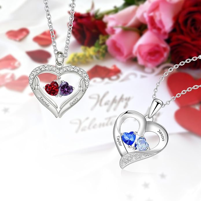 MissNaNa Sterling Silver Personalized 2 Names Heart Necklace with 2 Birthstone Couple I Love You Heart Pendant Necklace Jewelry Gift for Her Wife Girlfriend Mom