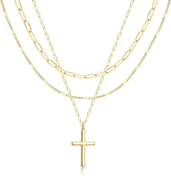 Layered Gold Necklaces for Women, Stackable Dainty 14K Gold Silver Plated Trendy Simple Heart Diamond Cross Bow Circle Pendant Paperclip Choker Dot Chain Necklace,Jewelry Set Gifts for Women