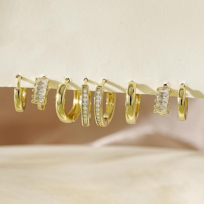 4Pairs Statement Gold Hoop Earrings for Women Trendy,Surgical Steel Gold Plated Hoop Hypoallergenic Earrings Set,Titanium Hoops Earring Stacks,CZ Cartilage Huggie Hoops Earring Gifts for Girlfriend