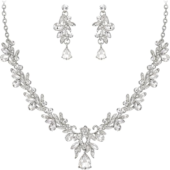 BriLove Women's Wedding Jewelery Set Leaf Flower Crystal Teardrop Marquise Cluster Pendant Necklace Dangle Earrings for Bridal Party