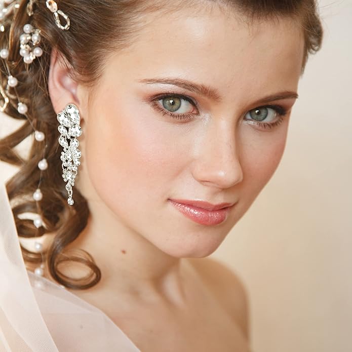 THUNARAZ 4 Pairs Silver Clip on Earrings for Women, Sparkly Rhinestone Tassel Chandelier Teardrop Dangle Earrings for Brides Bridesmaids Non Pierced Prom Jewelry Set