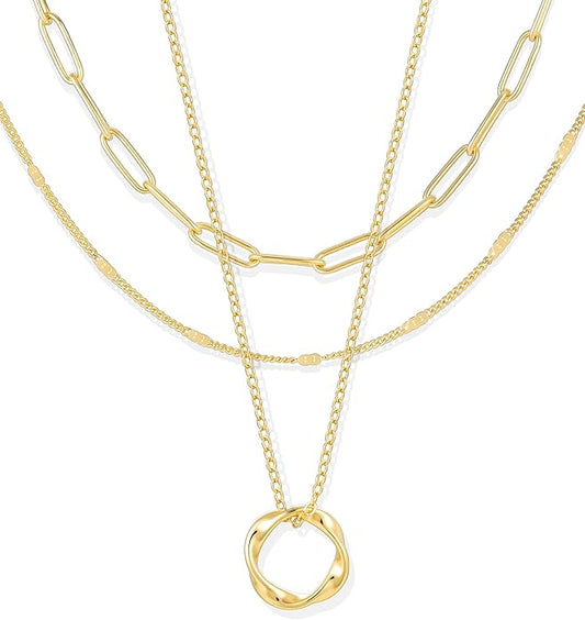 YEEZII Layered Gold Necklaces for Women Trendy, 3 Pcs 14K Gold Plated Choker Paperclip Box Chain Necklace, Stackable Women's Gold Pendant Necklaces Jewelry Set
