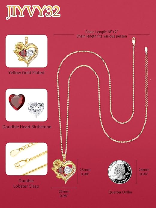 Sunflower Heart Necklace for Women 14K Gold Exquisite Valentines Day Anniversary Birthday Gifts for Wife Mother Her Double Birthstone Pendant Jewelry‘You Are My Sunshine’