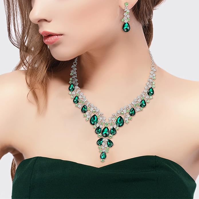 BriLove Women's Wedding Bridal Austrian Crystal Teardrop Flower Cluster Statement Necklace Dangle Earrings Jewelry Set for Party Prom