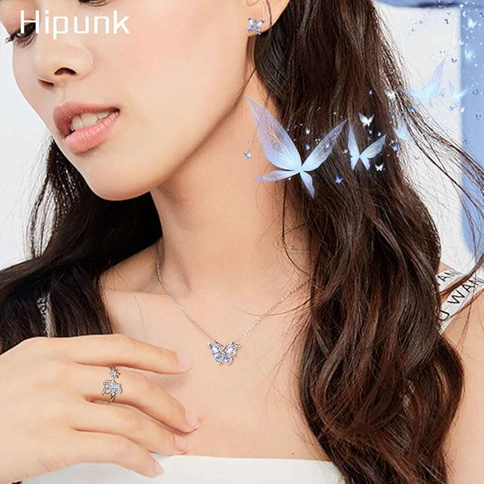 925 Sterling Silver Birthstone Butterfly Jewelry Women Crystal Animal Cute Butterflies Birthday Necklace/Earring/Ring/Bracelet Sets Birth Stone Statement Anniversary Jewellery