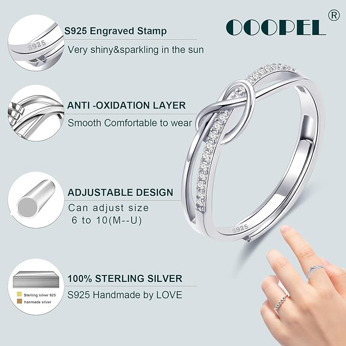 OOOPEL Sterling Silver Adjustable Ring S925 Silver Rings for Women Cubic Zirconia Twist Love Knot Dainty Ring Silver Minimalist Open Finger Rings Silver Thumb Sterling Silver Ring