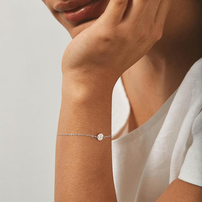 Personalized Initial Bracelet for Women Stainless Steel Letters Bracelet Delicate Coin Dainty Disc Alphabet Charm Bracelet Monogram Name Bracelet
