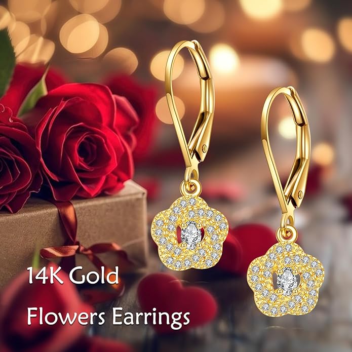 DOVRAN 10K 14K Solid Gold Leverback Earrings for Women Real Yellow Gold Filigree Dangle Earrings Trendy Jewelry Birthday Christmas Gifts for Wife Mom
