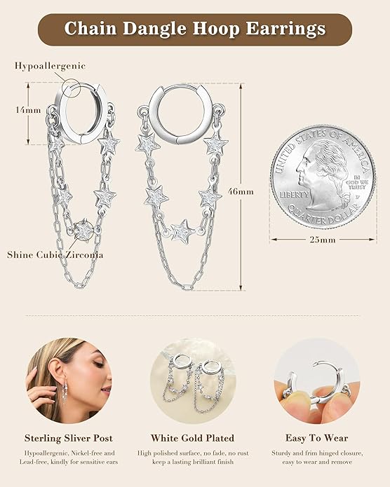 Tassel Chain Small Gold Hoop Dangle Earring For Women Huggie Earring Heart Star CZ 14K Gold Plated Fashion Jewelry Friendship Gift