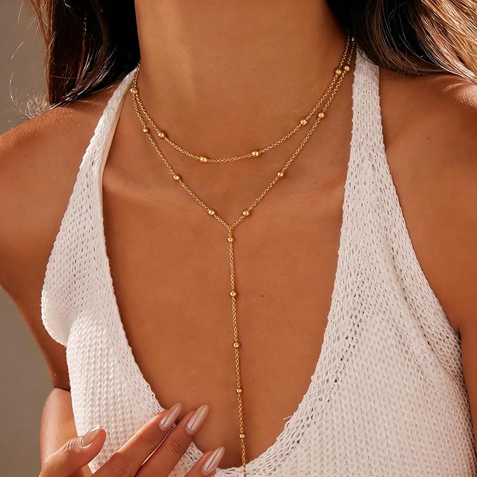 Necklace for Women, Dainty Long 14K Gold Y-Shaped Necklace Jewelry Trendy Beaded Layered Chain Drop Necklaces Jewelry Women Gifts