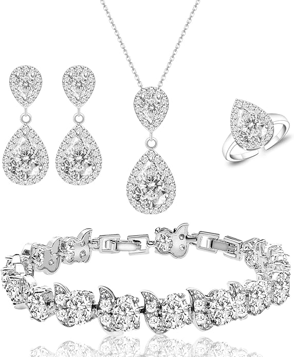 LMXXVJ Teardrop Jewelry Set for Women，Necklace Earrings Adjustable Ring Bracelet Set Fashion Formal Platinum/Gold/Rose Gold Jewelry Gift Girl/Mom/Wife/Grandmother/Best Friend/Aunt