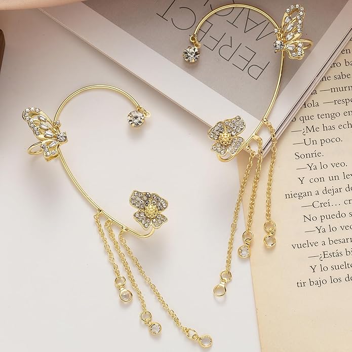 2PCS Butterfly Ear Cuffs Climber Wrap Around Earrings for Women Fairy No Piercing Ear Clip Gold Silver Jewelry Gift