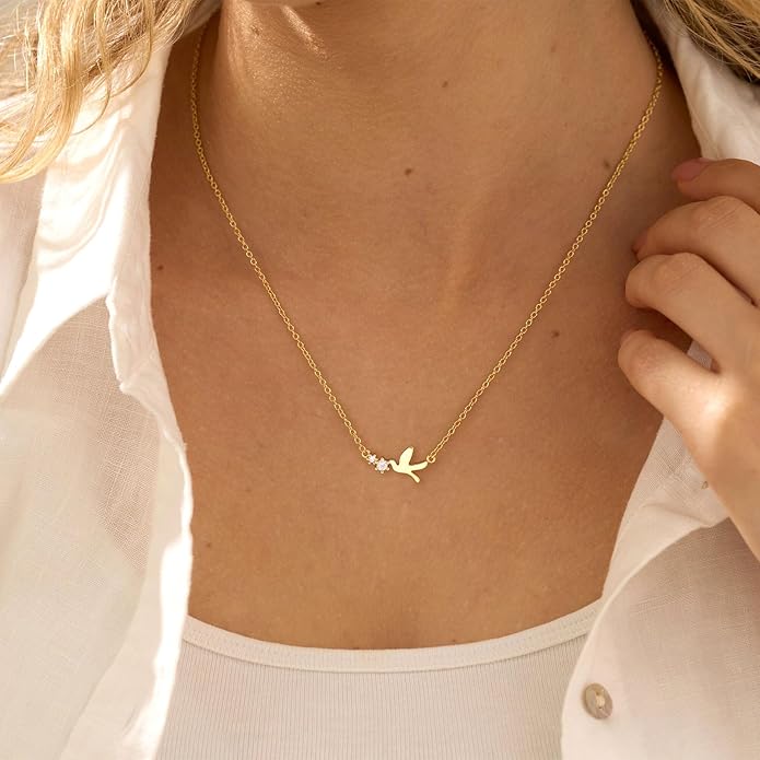 14K Gold Plated Dainty Pendant Butterfly Bead Boot Bee Baseball Flower Compass Airplane Heart Hummingbird Tree Necklace Simple Jewelry Gift for Women