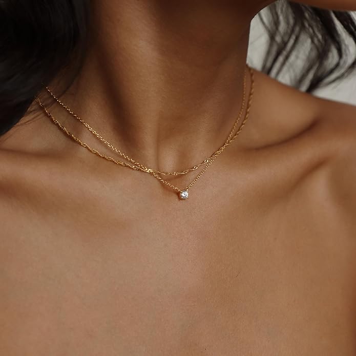 Dainty Gold Necklace for Women Non Tarnish Layered 14k Diamond Pendant Charm Gold Plated Necklaces CZ Trendy Zirconia Chain Choker Necklace Stack Gold Jewelry for Women Birthday Gift