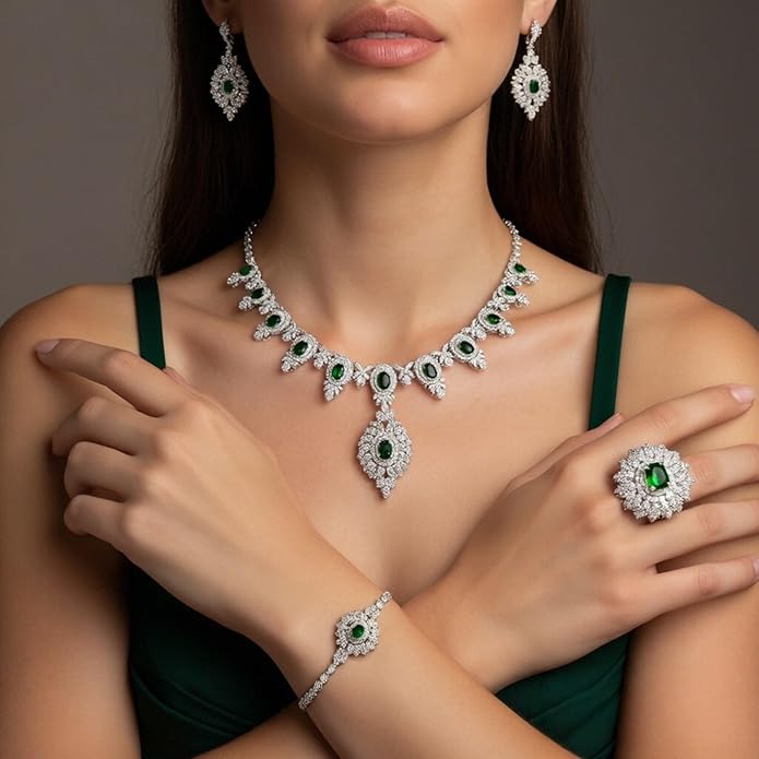 Rhinestone Wedding Bridal Jewelry Set Women's Prom-Style Necklace, Earrings, Bracelet, Ring Bridesmaid Gift Pairs with Evening Gown