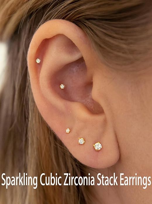 14K Gold Filled Polished Small CZ Pearl Ball Stud Earrings Set for Women Men 20G Surgical Steel Hypoallergenic Piercing Studs for Sensitive Ear, Pack of 6 Pairs