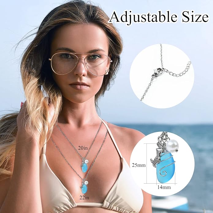 Sea Glass Necklace, Wire Wrapped Beach Necklaces, Sea Glass Jewelry, Handmade Blue Beach Jewelry for Women Trendy