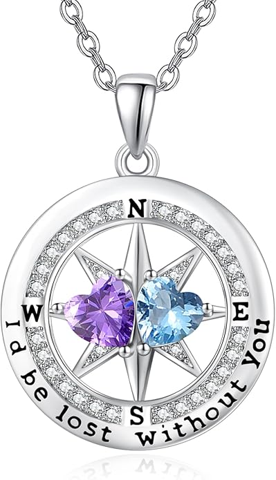 Compass Necklace for Women, Exquisite S925 Valentines Day Anniversary Birthday Gifts for Wife Her Double Birthstone Pendant Jewelry ‘I'd be Lost Without You’