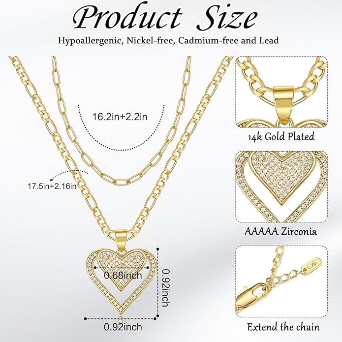 Heart Necklaces for Women 14K Gold Plated Layered Necklace Set with Cubic Zirconia Heart Pendant, Dainty Stackable Choker Chain, Gift for Her