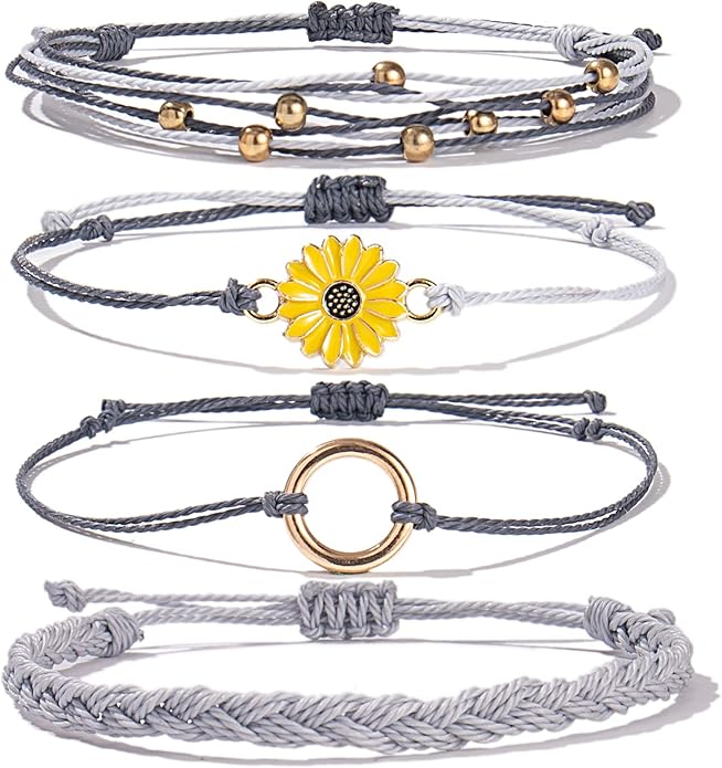 FANCY SHINY Sunflower String Bracelet Boho Braided Rope Wrap Bracelets Cute Summer Beach Surfer Jewelry for Women