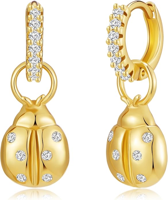 YOIHUR Cute Gold Hoop Earrings for Valentine's Day, 14K Gold Plated Hypoallergenic Jewellery CZ Huggie Drop Earrings, Bear Butterfly Ladybug Joker Heart Pendants Earring Jewelry Gifts for Women