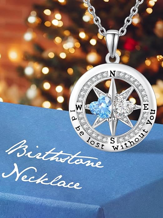 Compass Necklace for Women, Exquisite S925 Valentines Day Anniversary Birthday Gifts for Wife Her Double Birthstone Pendant Jewelry ‘I'd be Lost Without You’