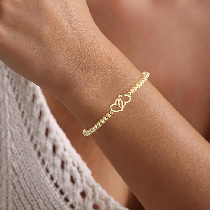 Gold Bracelets for Women 14K Gold Plated Bead Bracelet Hypoallergenic Stretch Bracelets for Women Elastic Bracelet Trendy Teen Gift Dainty Jewelry for Women