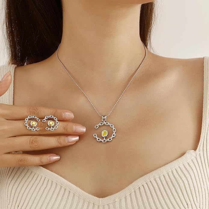 Elegant C-Shaped Crystal Necklaces/Stud Earrings Set with Birthstone Jewelry Set Silver Plated Fashion Jewelry for Women CS0003