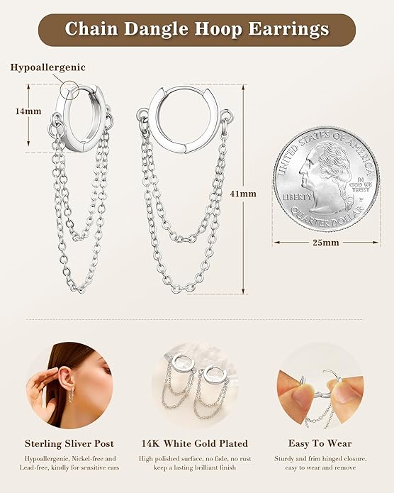 Tassel Chain Small Gold Hoop Dangle Earring For Women Huggie Earring Heart Star CZ 14K Gold Plated Fashion Jewelry Friendship Gift