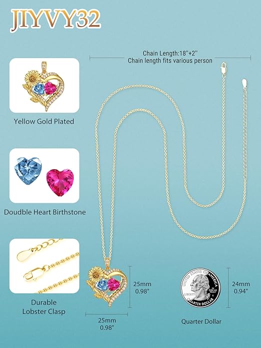 Sunflower Heart Necklace for Women 14K Gold Exquisite Valentines Day Anniversary Birthday Gifts for Wife Mother Her Double Birthstone Pendant Jewelry‘You Are My Sunshine’