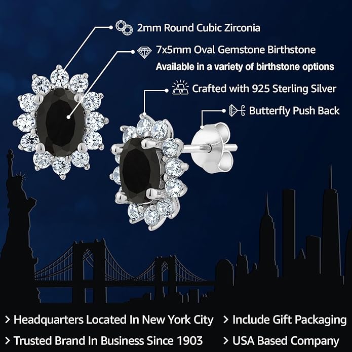 Gem Stone King 7X5MM Oval Gemstone Birthstone Stud Earrings For Women | Princess Diana Royal Halo Style | 925 Sterling Silver | Fine Jewelry Gifts for Anniversary Wedding Her Mom Women Wife